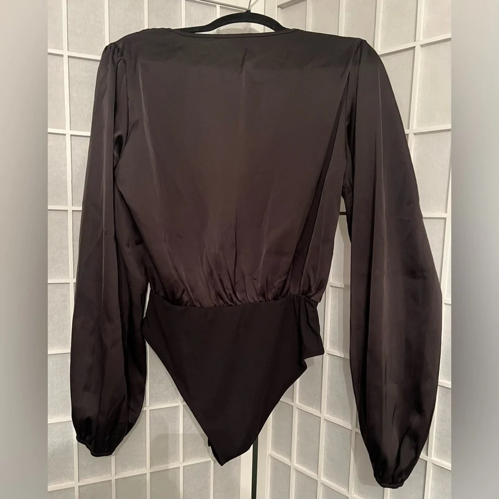 SHEIN Black Satin V-Neck Deep V Long-Sleeve Bodysuit - Picture 2 of 5